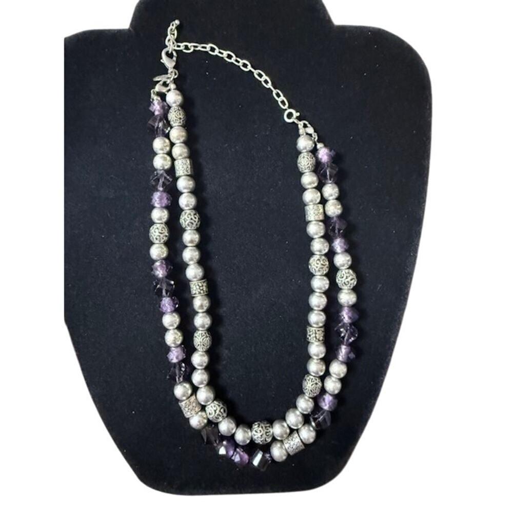 Premier Designs Silver Tone Purple Glass Beaded Double Strand Layered Necklace